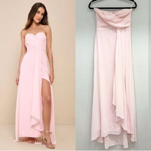 Sz M - NWOT Lulus Splendid Aura Light Pink Chiffon‎ Pleated Strapless Maxi Dress